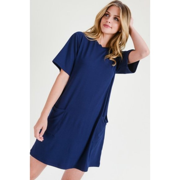 Women's Two Pocket T-Shirt Casual Short Dress NAV - Picture 2 of 8